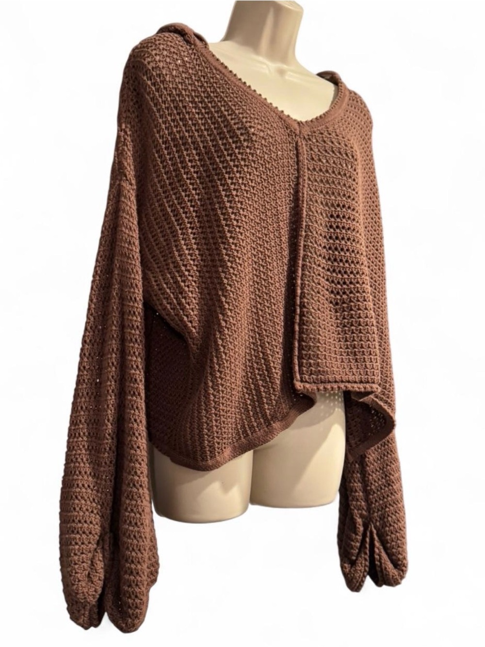 POL Oversized Knit Hooded Scoop-Neck Crochet Sweater Brown Bell Sleeve Small